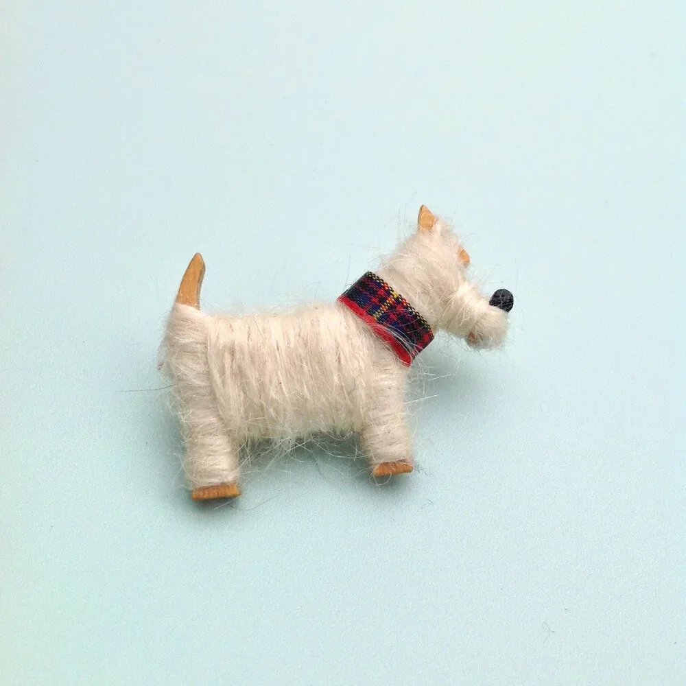 Artisan Brooch Scottish Shetland Wool, Tartan Plaid + Wood Scottie Terrier Dog
